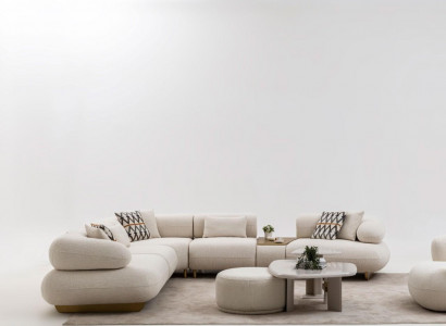 Designer Sitzgarnitur Stoffsofa Beistelltische Polsterhocker - 5tlg