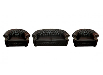 Dunkelbraune Chesterfield Couchgarnitur Ledersofa 2x Sessel