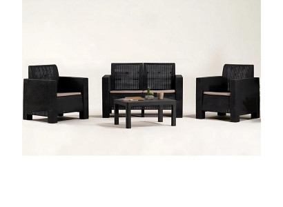 Gartenmöbelset schwarz 2-Sitzer-Sofa  zwei Sessel Couchtisch Set - 4 tlg.