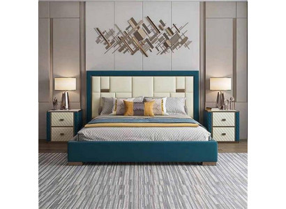 Blau-Beiges Schlafzimmer Bett Designer Polsterbett Edle Textilbetten