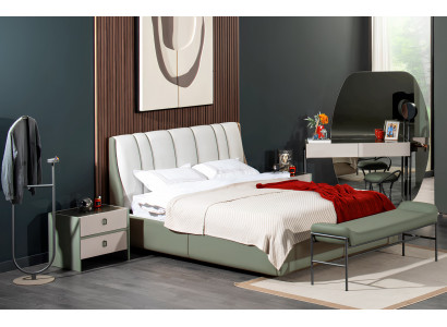Komplettes Schlafzimmer-Set Designer Textilbett 2x Nachttische Bank