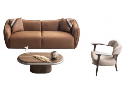Elegantes Braunes Sofa-Set Moderne Textilcouch Sitzsessel Couchtisch