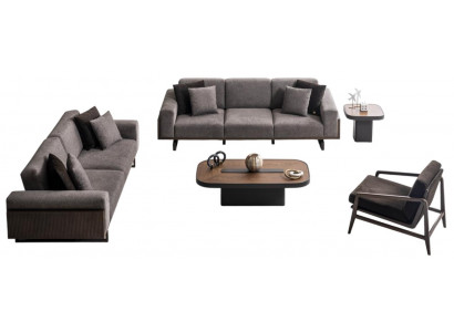 Elegante Graue Stoffgarnitur Stilvolle Beistelltische 3-Sitzer 5tlg