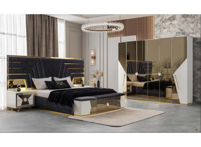 Modernes Schwarzes Polsterbett Weißer Kleiderschrank 2x Nachttische
