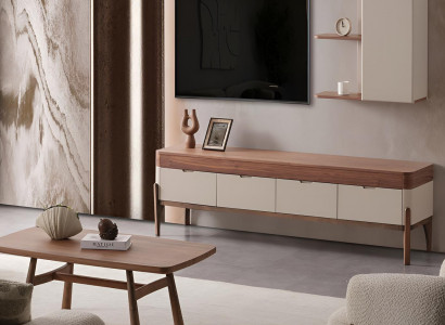Designer Beige Wohnzimmergarnitur TV-Lowboard Holz Couchtisch 2tlg