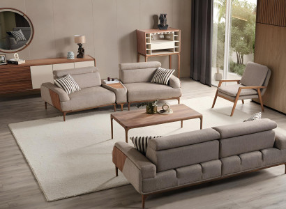 Beige Moderne Couchgarnitur Polstersofas Designer 2-Sitzer Holztisch