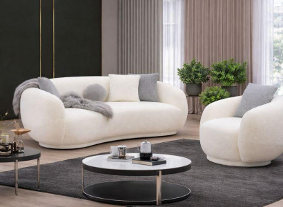 Weiße Wohnzimmer Polstergarnitur Designer 3-Sitzer Rundsessel 2tlg
