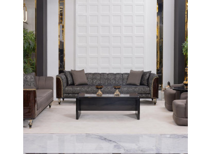 Elegantes graues Wohnzimmer-Set: 4-Sitzer Sofa Holz Couchtisch