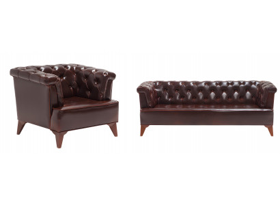 Exklusive Chesterfield Garnitur Stilvoller 3-Sitzer 2x Ledersessel
