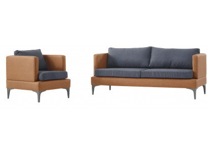 Hochwertige Braune Sofagarnitur Designer Ledersessel Stofkissen 3tlg