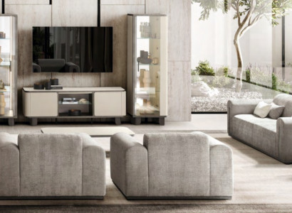 Designer Couchgarnitur Moderner 3-Sitzer Holz TV-Ständer 2x Vitrinen