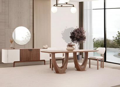 Braunes Esszimmer-Set Holztisch gepolsterte Stühle moderne Sideboard