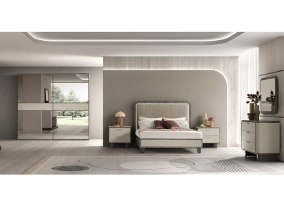 Elegante Schlafzimmer Möbel Beiges Doppelbett 2x Nachttische Kommode