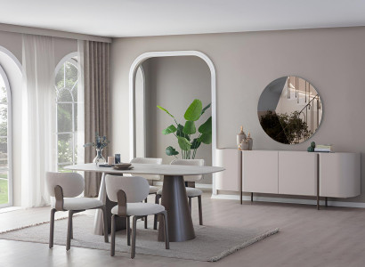 Weißes Esszimmer-Set – Stilvoller Esstisch, Stühle, Holzsideboard & Spiegel