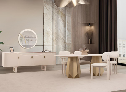 Luxuriöses Esszimmer-Set – Esstisch, Stühle, Holzsideboard & Spiegel