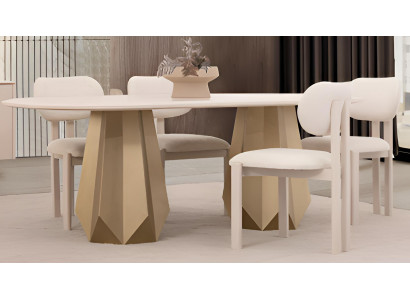 Beigefarbenes Stilvolles Esszimmer-Set – Holz-Esstisch und Weiche Stühle