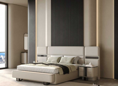 Designer Beige Schlafzimmergarnitur Polsterbett 2x Holz Nachttische