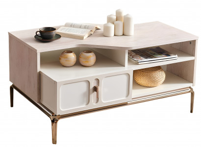 Eleganter Couchtisch mit goldenen Akzenten und Regalen zur Aufbewahrung