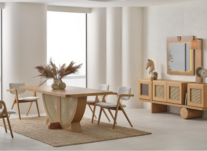 Modernes Esszimmer-Set mit stilvollem Tisch und Stühlen Sideboard mit Spiegel