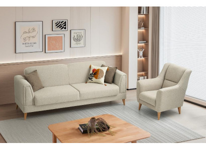 Beige Wohnzimmer Polstergarnitur Designer 3-Sitzer Textilsessel 2tlg